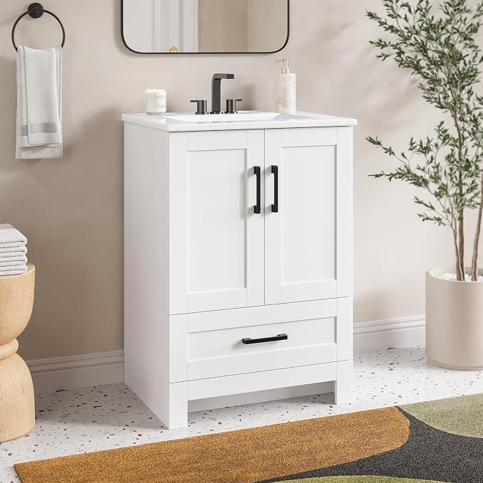 IRONCK 24" Bathroom Vanity with Sink, 1 Soft-Close Drawer & 2 Doors, White | Freestanding Bathroom Vanity, Integrated Ceramic Sink, Modern Bathroom Storage Cabinet for Small Space, Easy Assembly