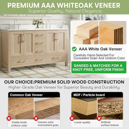 60-Inch Bathroom Vanity with Sink, 4 Soft-Close Doors and 6 Soft-Close Drawers, Bathroom Freestanding Vanity with Cultured Marble Countertop, Oak Vanity with Brushed Nickel Handles
