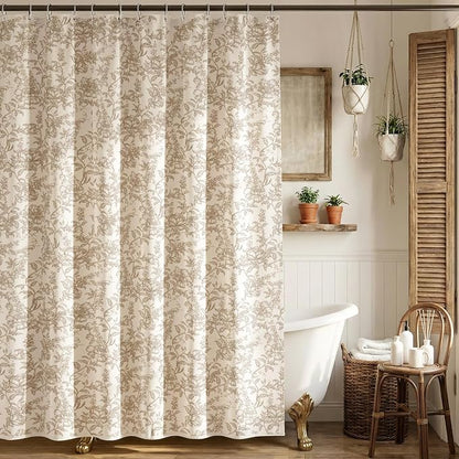 Farmhouse Beige Floral Shower Curtain with 12 Clear Rings 72"W x 72"L | Boho Fabric Faux Linen Shower Curtain Set, Vintage Cottagecore Shower Curtain for Bathroom