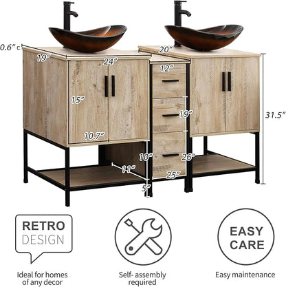 UEV Rustic Oak 60" Double Bathroom Vanity with Sink Combo,Industrial Iron Frame 2 Main Bathroom Vanity with Middle 3 Drawers Cabinet,Modern Brown Boat Tempered Glass Vessel Sink(029BR)