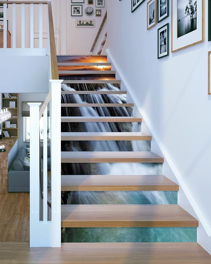 FLFK Waterfall Stair Stickers - Set of 15, Peel and Stick Stair Riser Decals, 39.3"x7.08"