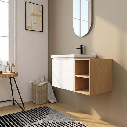 36 Inch Bathroom Vanity with Sink Combo,Wall-Mounted Bathroom Vanity with Soft Close Doors&2 Side Shelf,Modern Floating Bathroom Vanity with Top Basin & Storage Cabinet,White