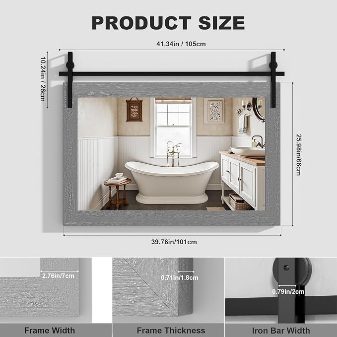Hasipu Farmhouse Bathroom Mirror, 40"x26" Rustic Wood Framed Wall Mounted Mirror, Gray Vintage Vanity Mirror Barn Door Style Decrative Mirrors