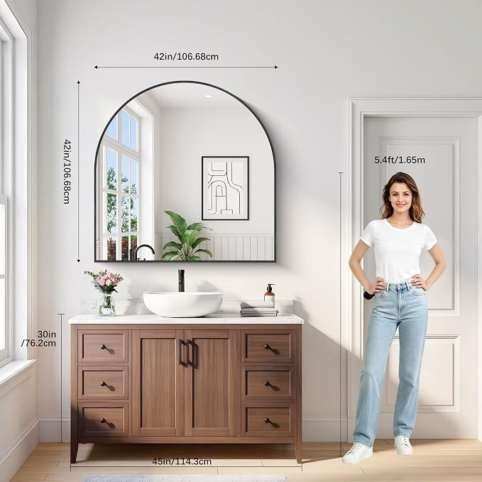 Arched Bathroom Mirror 42x42 Inch, Bathroom Mirror for Over Sink, Wide Wall Mounted Vanity Mirror with Aluminum Frame & Tempered Glass, Ideal for Bedroom, Entryway, Living Room, Mantel, Gold