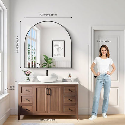 Arched Bathroom Mirror 42x42 Inch, Bathroom Mirror for Over Sink, Wide Wall Mounted Vanity Mirror with Aluminum Frame & Tempered Glass, Ideal for Bedroom, Entryway, Living Room, Mantel, Gold