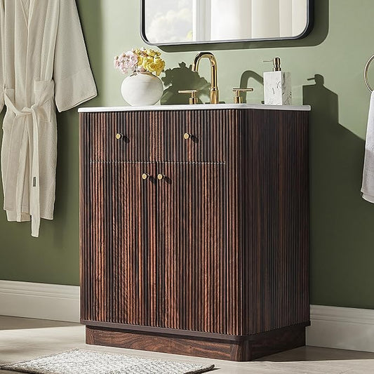 T4TREAM 30 Inch Bathroom Vanity with Sink, Modern Fluted Single Bathroom Vanity with Sink with Storage Cabinet, Adjustable Shelf, Dark Walnut