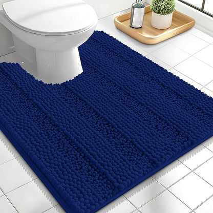 OLANLY Thick Toilet Rugs U-Shaped 24x20, Soft Chenille Bath Mat, Navy | Extra Absorbent Striped Contour Bathroom Rugs for Toilet, Dry Quickly, Machine Washable, Non-Slip