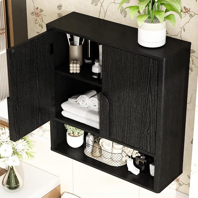 RUSTOWN Wall Mounted Bathroom Cabinets with Rounded Edges & Curved Handles | Adjustable Shelf, 3-Tier Over The Toilet Storage Cabinets, Modern Medicine Cabinet for Laundry Kitchen Living Room