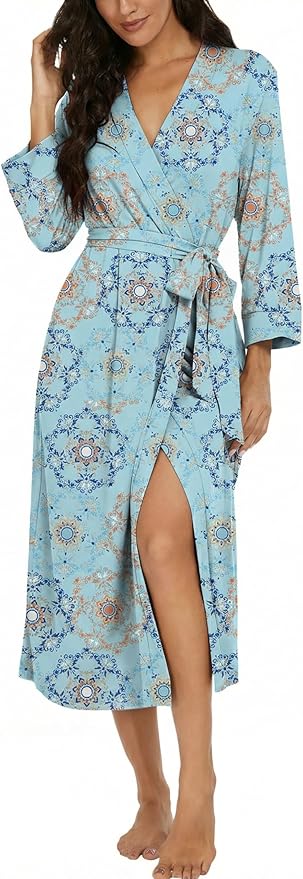 VINTATRE Women Kimono Robes Long Knit Bathrobe Lightweight Soft Knit Sleepwear V-neck Casual Ladies Loungewear
