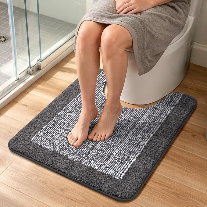 Toilet Rugs U-Shaped 24x19, Non-Slip Plush Shaggy Quick Dry Bathroom Contour Rugs, Extra Soft Absorbent Chenille Washable Bath Mat for Toilet Base, Grey