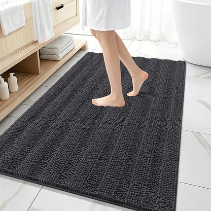 OLANLY Thick Large Bathroom Rugs 59x35, Soft Chenille Bath Rugs, Dark Grey | Absorbent Striped, Rubber Backing, Machine Wash Dry, Bath Mats for Bathroom Floor, Tub and Shower, Home Decor Accessories