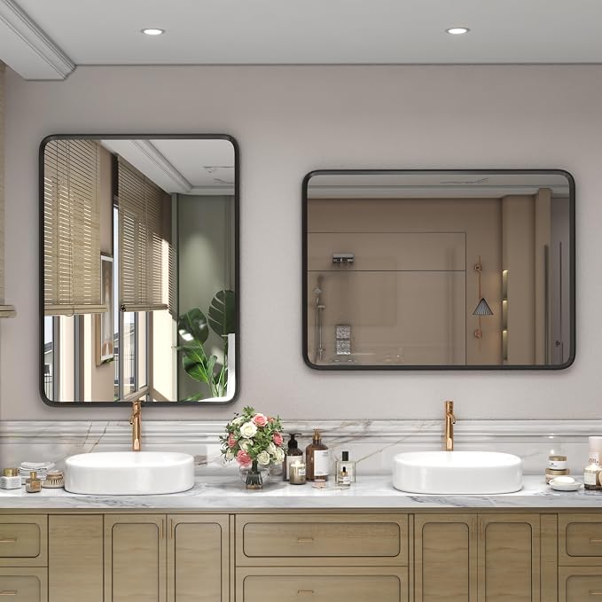 28x36 Black Bathroom Mirror for Wall | Matte Black Metal Frame, Rounded Rectangle Vanity Mirror for Farmhouse, Anti-Rust, Shatterproof (Horizontal/Vertical)