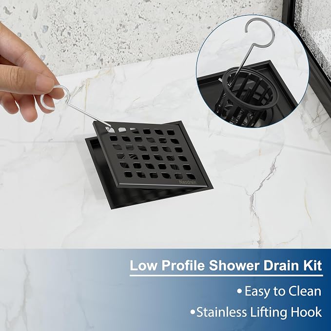 Neodrain 4" Low Profile Square Shower Drain Kit, Matte Black | 304 Stainless Steel, Removable Grate/Drainage Key, PVC Bonding Flange Base with Fabric, For Low Profile Shower Pan
