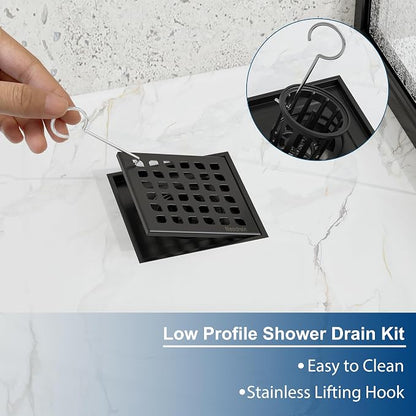 Neodrain 4" Low Profile Square Shower Drain Kit, Matte Black | 304 Stainless Steel, Removable Grate/Drainage Key, PVC Bonding Flange Base with Fabric, For Low Profile Shower Pan