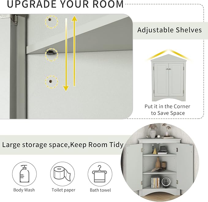 Corner Storage Cabinet with Two Doors for Bathroom, Living Room or Kitchen, Adjustable Shelf, Freestanding Floor Space Saver, Gray