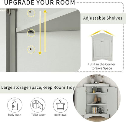 Corner Storage Cabinet with Two Doors for Bathroom, Living Room or Kitchen, Adjustable Shelf, Freestanding Floor Space Saver, Gray