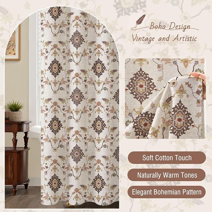 Boho Floral Shower Curtain, Vintage Cottage Core Shower Curtains for Bathroom, 72Wx72H Inch