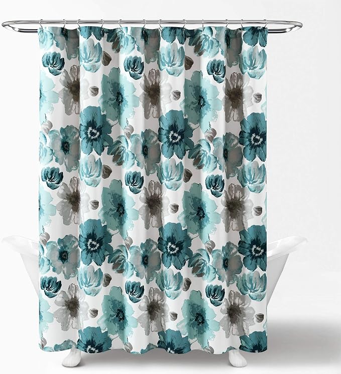 Lush Decor Leah Floral Shower Curtain, 72" W x 72" L, Blue - Fabric Shower Curtains - Watercolor Botanical Bathroom Curtain - Farmhouse & French Country Decor