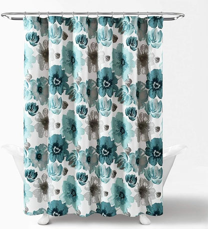 Lush Decor Leah Floral Shower Curtain, 72" W x 72" L, Blue - Fabric Shower Curtains - Watercolor Botanical Bathroom Curtain - Farmhouse & French Country Decor