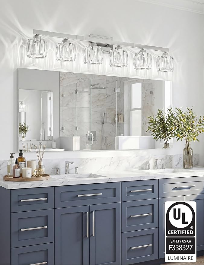 VOLISUN Crystal Vanity Lights for Bathroom, 6 Light Bathroom Vanity Light, Modern Stainless Steel Bathrooms Lights Over Mirror, Chrome Bathrooms Lights Fixtures-UL Certificated(Exclude Bulb)