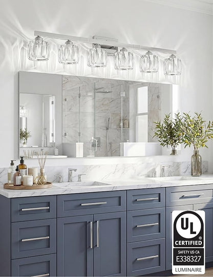 VOLISUN Crystal Vanity Lights for Bathroom, 6 Light Bathroom Vanity Light, Modern Stainless Steel Bathrooms Lights Over Mirror, Chrome Bathrooms Lights Fixtures-UL Certificated(Exclude Bulb)