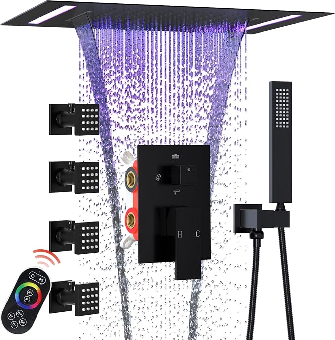 ENGA Shower System with Body Jets, 2 In 1 Functions Ceiling Mount 14x20inch LED Shower Head with 4 Body Jets, Rainfall Waterfall Shower Faucet Set, Matte Black