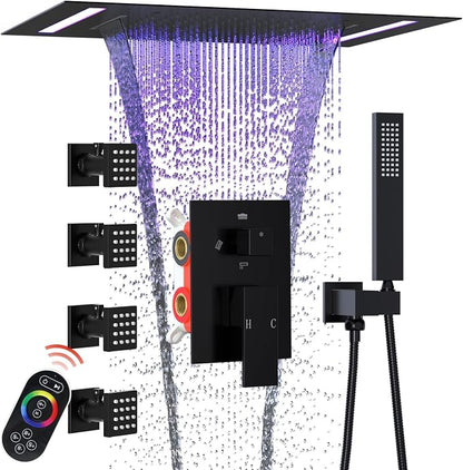 ENGA Shower System with Body Jets, 2 In 1 Functions Ceiling Mount 14x20inch LED Shower Head with 4 Body Jets, Rainfall Waterfall Shower Faucet Set, Matte Black
