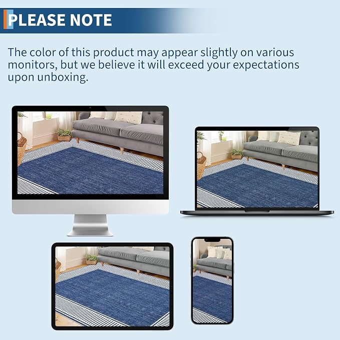 Garvee Modern Bordered Neutral Rugs for Living Room 8x10 Washable Rug Blue | Large Non Slip Low Pile Soft Carpet Foldable Non-Shedding Woven Printed Floor Cover for Bedroom Playroom Nursery Office Dorm