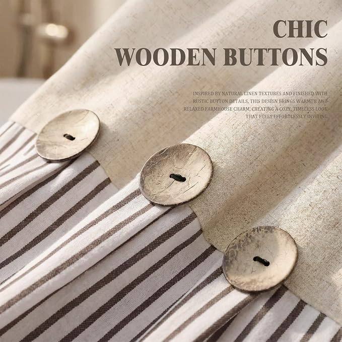 Farmhouse Shower Curtain Linen Beige Button Brown Stripe 72"W x 78"L | Farmhouse Style, Chic Button, Striped, Linen Fabric, Rustic, Country, Natural Look, Washable, for Bathroom Bathtub