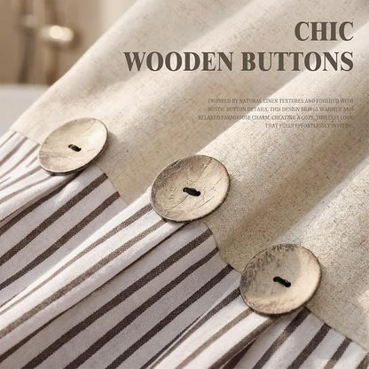 Farmhouse Shower Curtain Linen Beige Button Brown Stripe 72"W x 84"L | Farmhouse Style, Chic Button, Striped, Linen Fabric, Rustic, Country, Natural Look, Washable, for Bathroom Bathtub