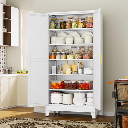79" White Metal Storage Cabinet with 2 Doors and 5 Adjustable Shelves,Steel Garage Tool Cabinet, File Cabinet,Kitchen Pantry Cabinet for Home,Office,Garage,School,Warehouse