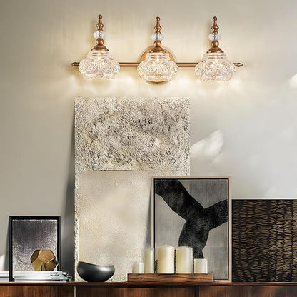 Vintage Vanity Light Fixture, 3 Lights Bathroom Lighting Matte Brushed Antique Brass Finish with Crystal Glass Shade, Vintage Vanity Light for Bathroom Bedroom Living Room