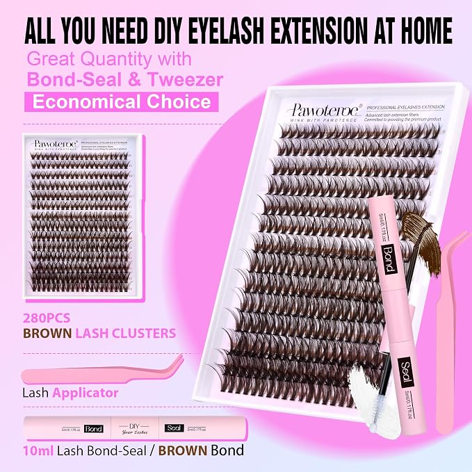 Lash Extension Kit DIY 280pcs Brown Lash Clusters Eyelash Extension Kit 40D 9-16mm Individual Lashes Kit with Lash Bond and Seal Lash Tweezers for Self Use (Brown 40D, 9-16mm, Kit)