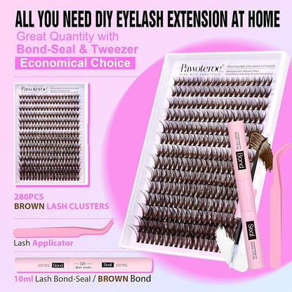 Lash Extension Kit DIY 280pcs Brown Lash Clusters Eyelash Extension Kit 40D 9-16mm Individual Lashes Kit with Lash Bond and Seal Lash Tweezers for Self Use (Brown 40D, 9-16mm, Kit)