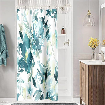 Small Stall Shower Curtain 36x72 Inch Half Narrow Watercolor Floral Decor | Teal Yellow Modern Abstract Flower Dorm Bathroom Shower Curtain Set with Hooks