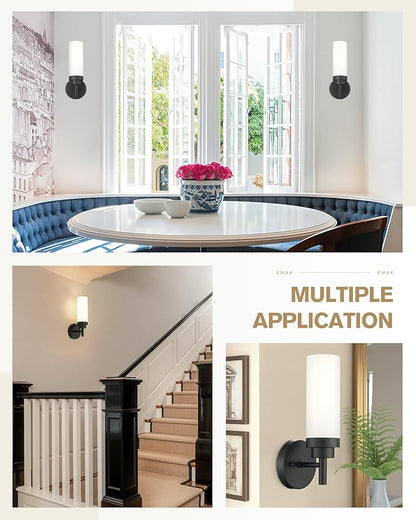 Emak Modern Wall Sconce Set of 2, Black Bathroom Light Fixtures with Milk Glass Shade, Farmhouse Wall Lamp for Bathroom, Bedroom, Living Room, Hallway, WS085-BK-ML-2PK