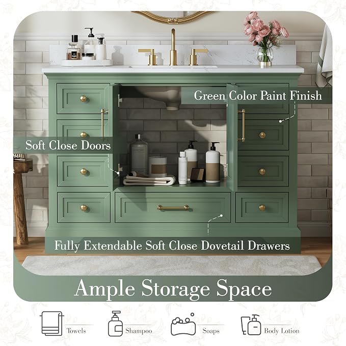 48 Inch Bathroom Vanity with Sink, Fully Assembled, Green | Bathroom Vanity with Solid Wood Frame, Carrara White Stone Countertop and Backsplash, 9 Soft-Close Dovetail Drawers