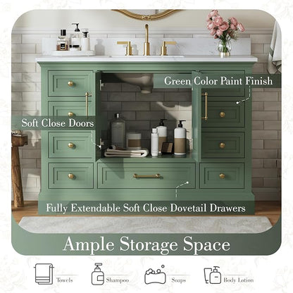 48 Inch Bathroom Vanity with Sink, Fully Assembled, Green | Bathroom Vanity with Solid Wood Frame, Carrara White Stone Countertop and Backsplash, 9 Soft-Close Dovetail Drawers