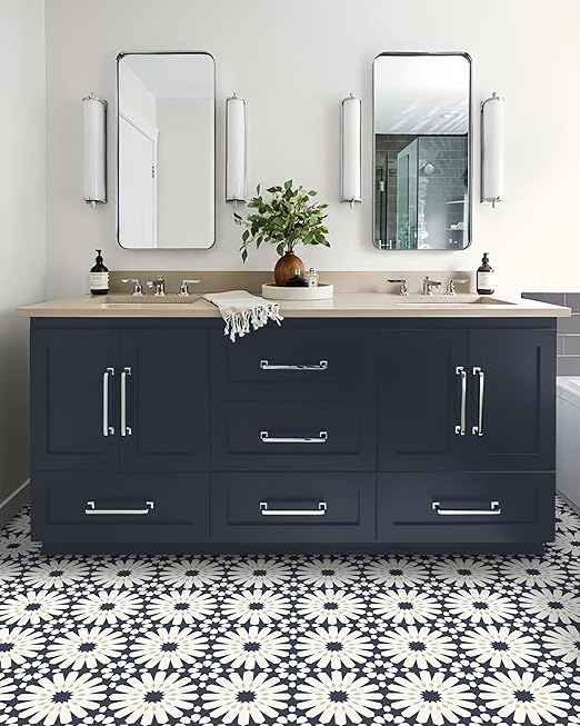 MORCART 20PCS 7.87" x 7.87" Peel and Stick Floor Tile,Dark Blue Floral Look | Self-Adhesive DIY Vinyl Flooring, Removable and Waterproof Tile Sticker for Bathroom, Kitchen, Wall, Bedroom, Stairs