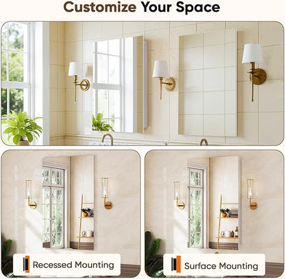 Antok 16x25 Inch Medicine Cabinet with Mirror, Wall Mounted Bathroom Mirror Cabinet, Wooden Medicine Cabinet Mirror, Recessed or Surface, White
