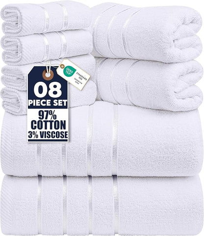Utopia Towels 8 Piece Luxury Towel Set, 2 Bath, 2 Hand, and 4 Wash Cloths, 600 GSM Ring Spun Cotton, Highly Absorbent Viscose Stripe Towels, Ideal for Everyday use, White