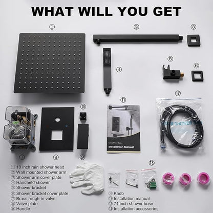 Shower Faucet Set, Shower System with 10 Inch Rain Showerhead and Handheld Shower, Wall Mounted High-Pressure Showerhead Combo Set Included Valve and Trim, Matte Black