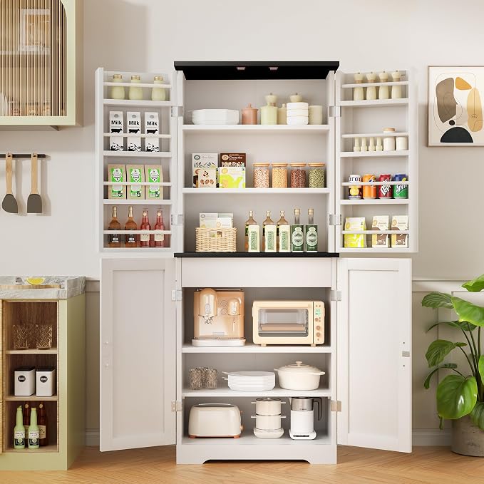 Shintenchi Kitchen Pantry Cabinet, Farmhouse Tall Cupboard Storage, White | Freestanding, with 8 Door Shelves, 2 Cabinets and 1 Drawer, for Kitchen, Living Room, Dining Room and Bathroom
