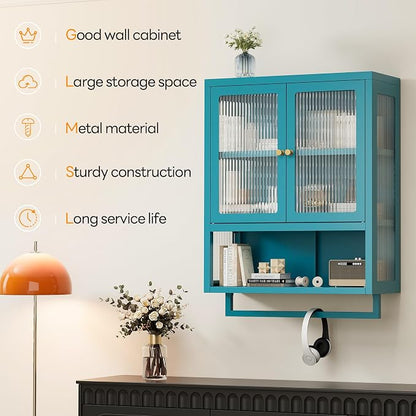 Bathroom Wall Cabinet with 2 Glass Door, Bathroom Medicine Cabinet with Towels Bar and Shelves, Over The Toilet Storage Cabinet, Metal Wall Mounted Cabinet for Kitchen (Blue)