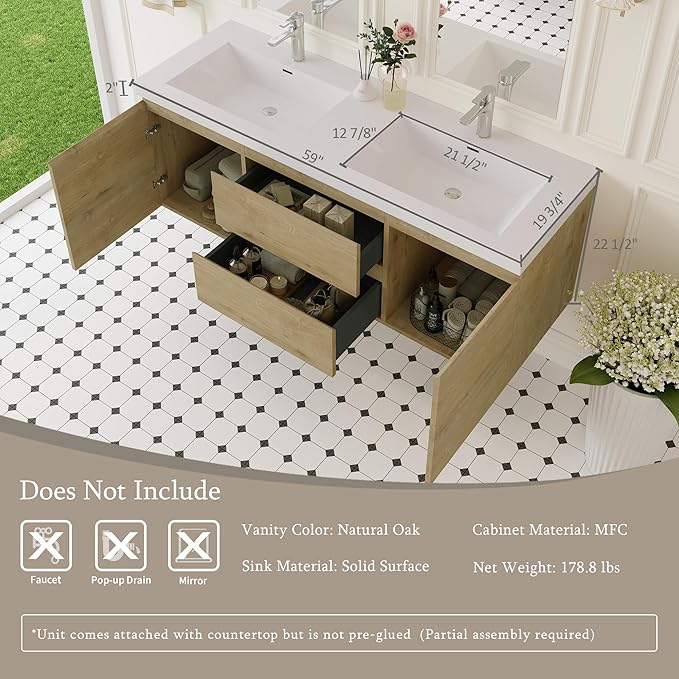 60 Inch Floating Bathroom Vanity with Double Sink, Modern Wall-Mounted Bathroom Storage Vanity Cabinet with Double Resin Top Basins and Soft Close Drawers, Natural Oak
