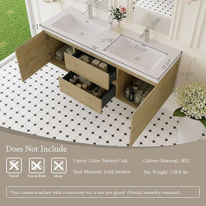 60 Inch Floating Bathroom Vanity with Double Sink, Modern Wall-Mounted Bathroom Storage Vanity Cabinet with Double Resin Top Basins and Soft Close Drawers, Natural Oak
