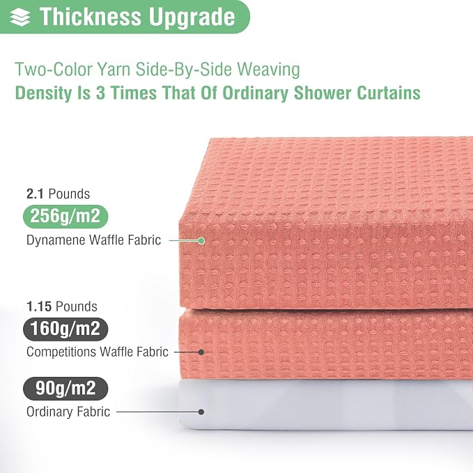Waffle Shower Curtain 256 GSM Heavy Duty Fabric 72"x72" Coral | Thick Textured Cloth, Weighted Hem, Water Repellent Washable, Hotel Luxury Polyester Shower Curtain Set for Bathroom 12 Hooks