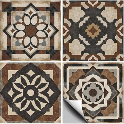 36 Pcs 4 Style Tile Stickers Brown Patterns Peel and Stick Black Patterns Wall Tile Stickers Waterproof Self Adhesive Geometric Stick on Tiles Decals for Kitchen Wall Art Decor, 4×4 Inch