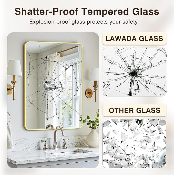 Vanity Bathroom Mirror, 36”x24” Gold Bathroom Mirror for Over Sink | HD Tempered Glass, Anti-Rust Frame, Vertical or Horizontal, Wall Mirrors for Bathroom Sink, Living Room, Entryway, Bedroom