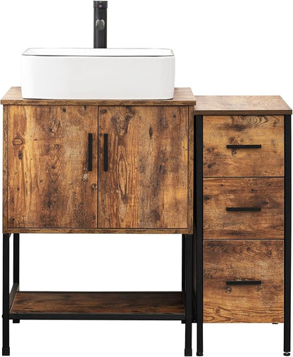 UEV 36" Rustic Brown Bathroom Vanity with Sink Combo,Industrial Iron Frame Bathroom Cabinet Sets with 3 Drawers Side Cabinet,Modern Artistic Ceramic Vessel Sink(031WH)